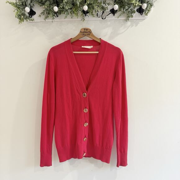 Tory Burch Simone cardigan Large Gold Buttons Light Knit Medium SJ - Picture 1 of 5